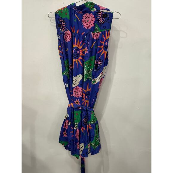 Gold & Silver Paris Sleeveless Waist Strap Mini Dress Blue Printed Size 2 - Picture 2 of 3